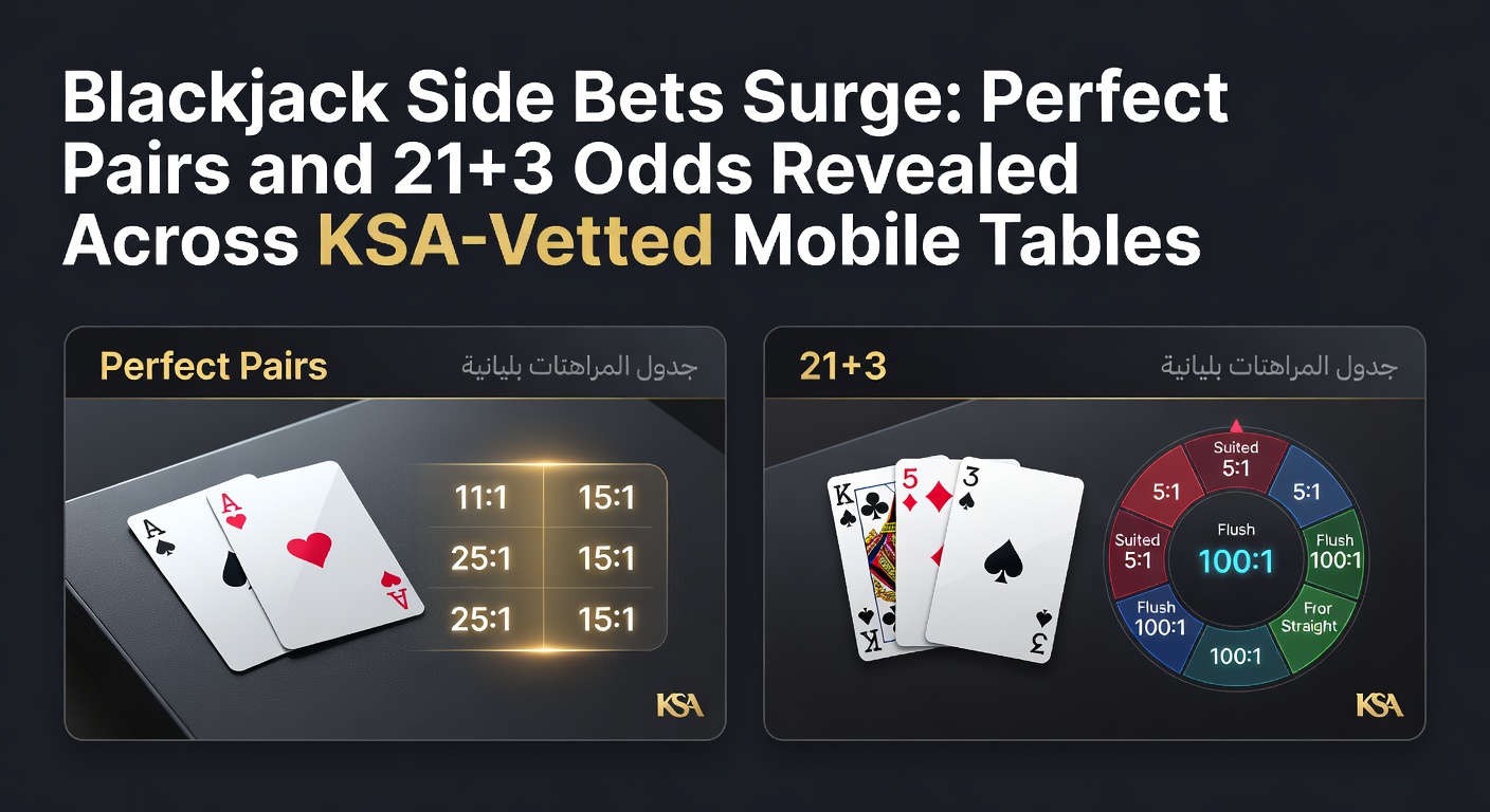 Mobiele blackjack-tafel met side bets zoals Perfect Pairs en 21+3 op een KSA-gelicenseerd platform, spelers swipen door opties op smartphone-scherm