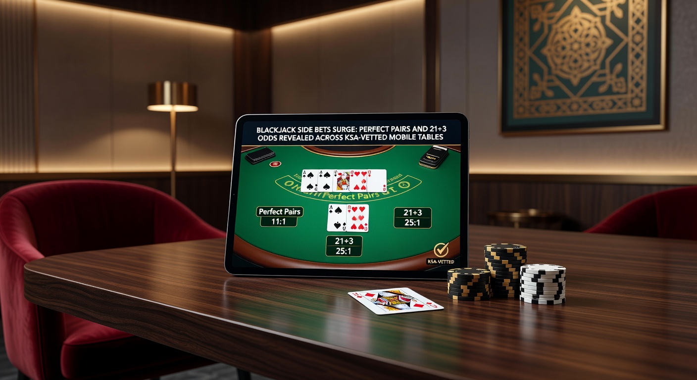 Grafiek met uitbetalingstabellen voor Perfect Pairs en 21+3 side bets, vertoond op een live mobiele blackjack-tafel met Nederlandse interface en KSA-logo