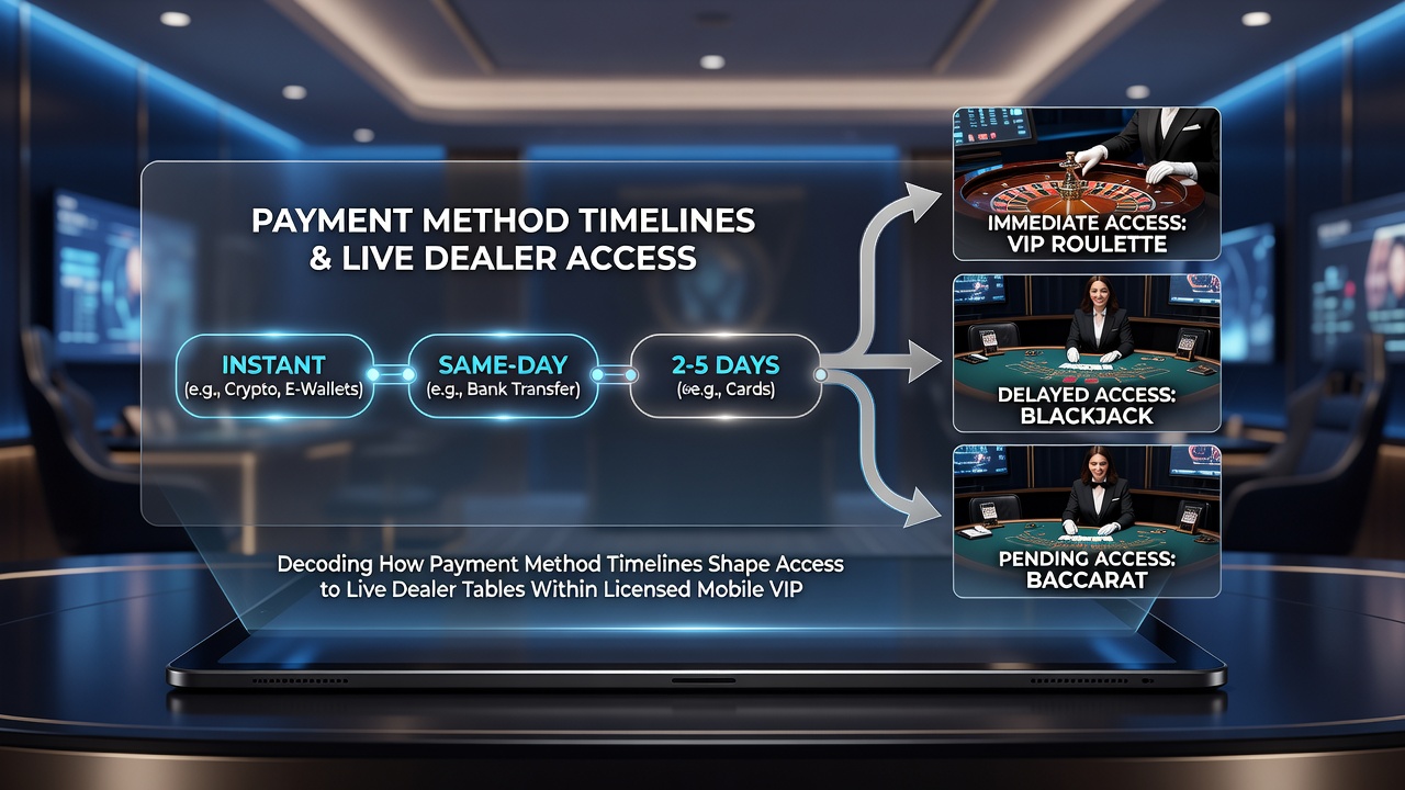 Diagram van betalingsstroom en live dealer toegang in mobiele VIP-omgevingen