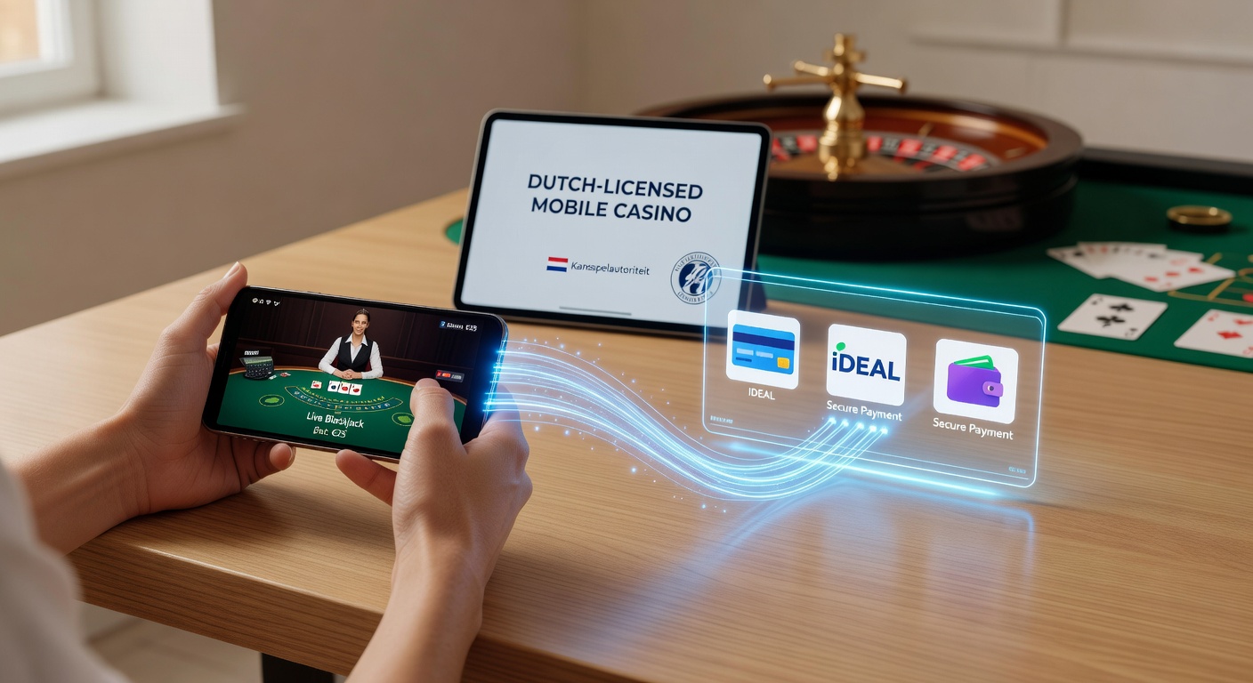 Smartphone met betalingsapp en live dealer blackjack-tafel op een Nederlands mobiel casino-platform