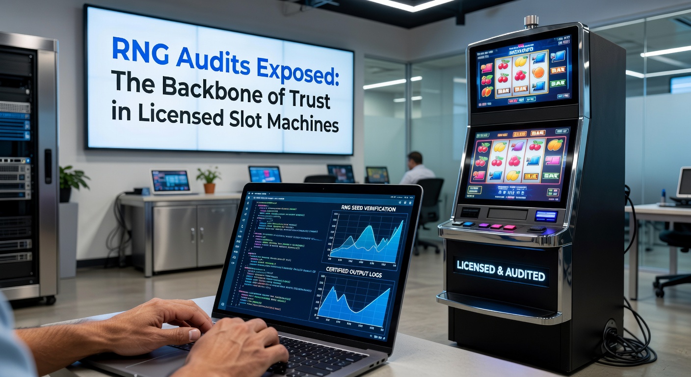 Grafische weergave van een RNG-auditproces met slotmachine-symbolen en certificeringsstempels, symboliserend transparantie en eerlijkheid in online gokken