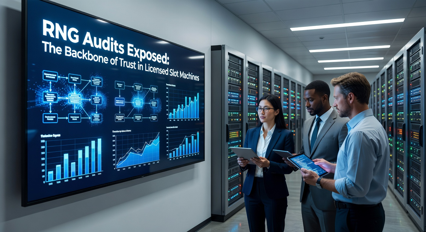 Slotmachine met RNG-certificaat en auditor-logo's op een scherm, illustrerend de certificeringsketen en transparantie in gelicenseerde omgevingen