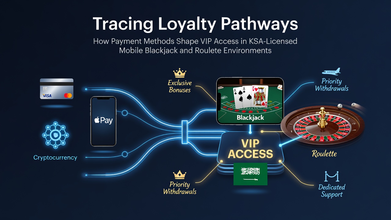 Overzicht van mobiele blackjack- en roulette interfaces met betalingsopties en VIP-niveaus in KSA-gelicentieerde omgevingen